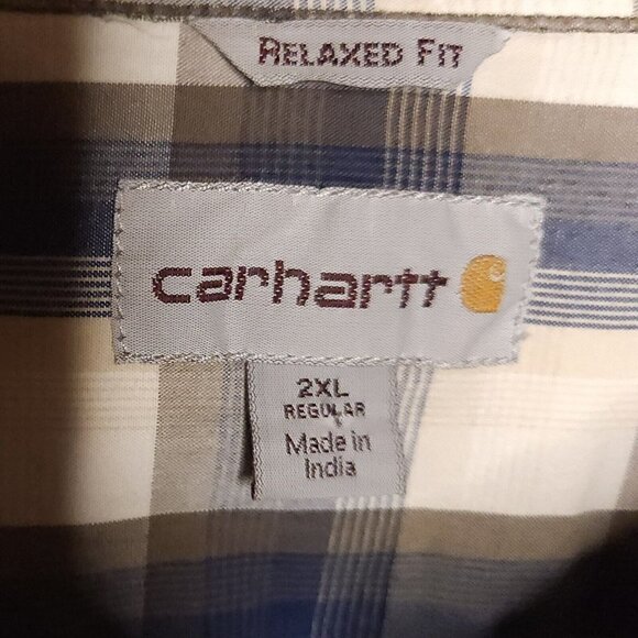 Carhartt Mens Relaxed Fit Blue Cream Short Sleeve Button Down 2XL - Picture 4 of 6